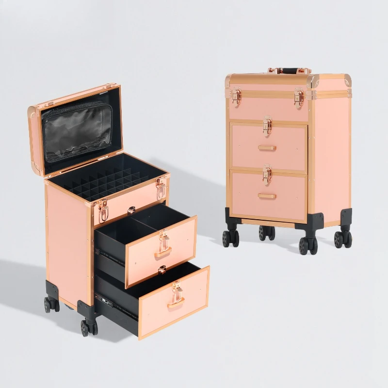 Trolley cosmetic case double-layer separation design, portable roller suitcase, photo studio crew specialization