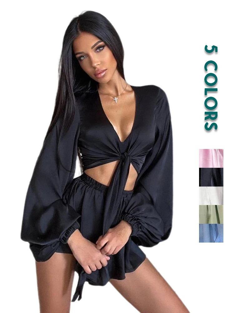 Summer  Shorts Sets Women 2pcs Sexy Holiday Party Beach Lace-Up Tops Dropped Waist Beach Shirt and Shorts Two Piece Set Women