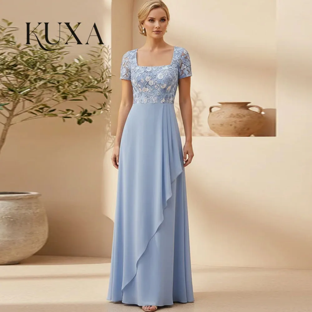 KUXA Customized Short-Sleeves Square-Neck Chiffon A-Line Mother-of-the-Bride Lace Floor-Length Cocktail Party Dress 2027