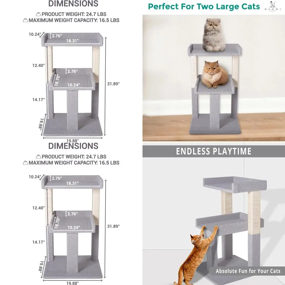 

Просторная многоуровневая лежанка-башня для кошек с 2 платформами, прочными сизалевыми столбиками и защитой от опрокидывания для игр кошек в помещении