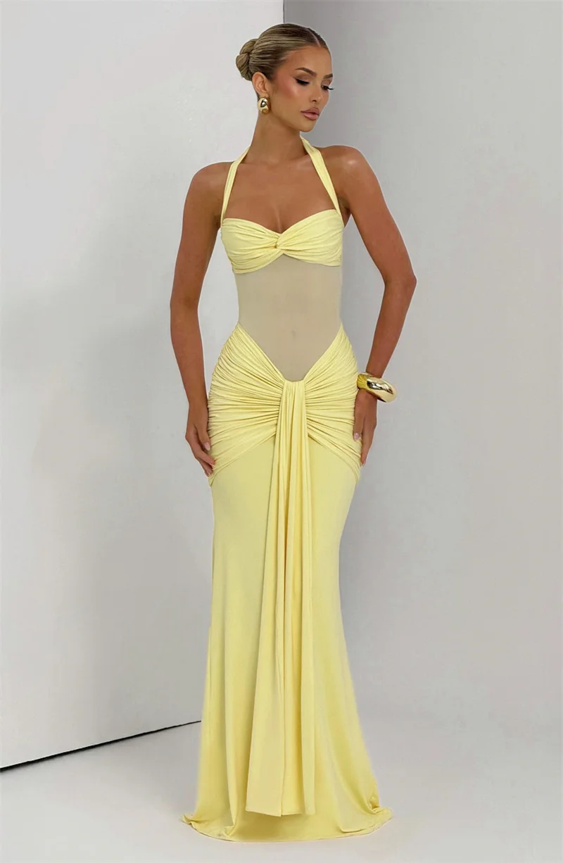 Mozision Halter-Backless Sexy Maxi Kleid Frauen Mode Patchwork Off-schulter Ärmellose Geraffte Drapierte Bodycon Club Party Kleid – Detail 9