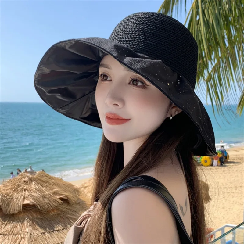 

New Sunscreen Hat for Women Summer Anti-UV Sun Hat Face Covering Patchwork Knitted Sequined Fisherman Hat for Women Spring and