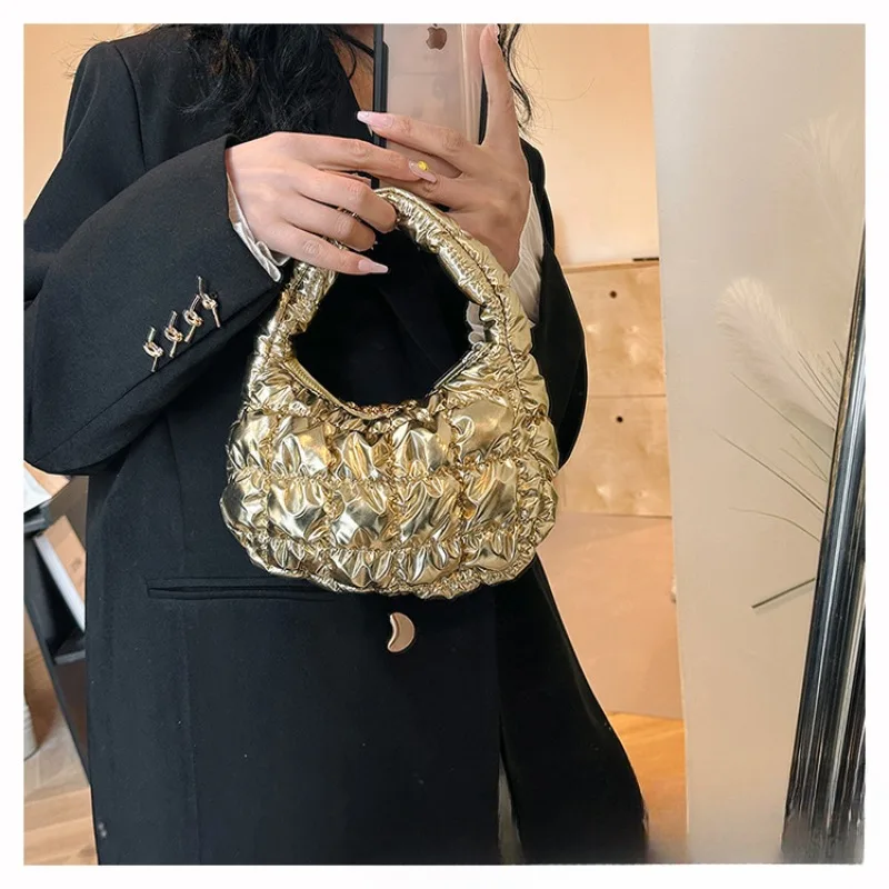 2024 New Korea Cloud Bags for Women Mini Puffer Tote Bag Quilted Circle Phone Purse Elegant Key Pouch Underarm Pleated Handbag