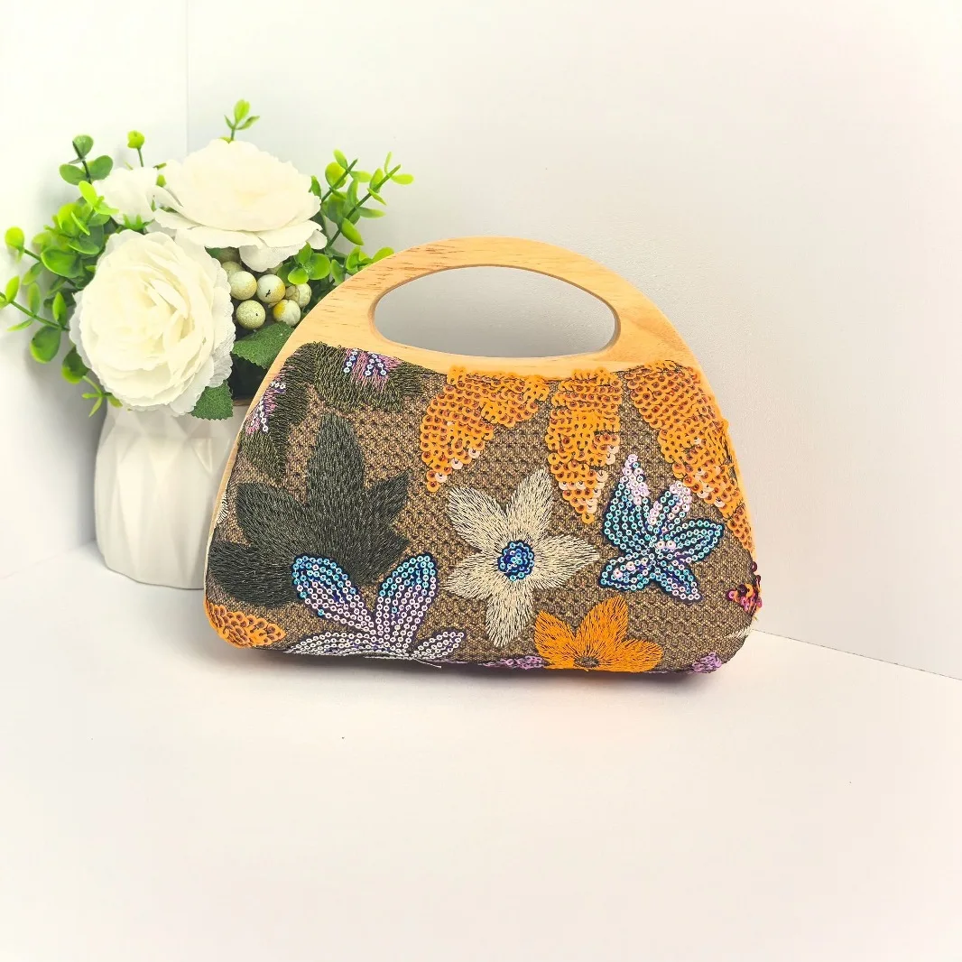 

Women's New Linen Handbag, Sequined Mesh Splicing Embroidery Trendy Clip Dinner Bag, Elegant Portable Handbags