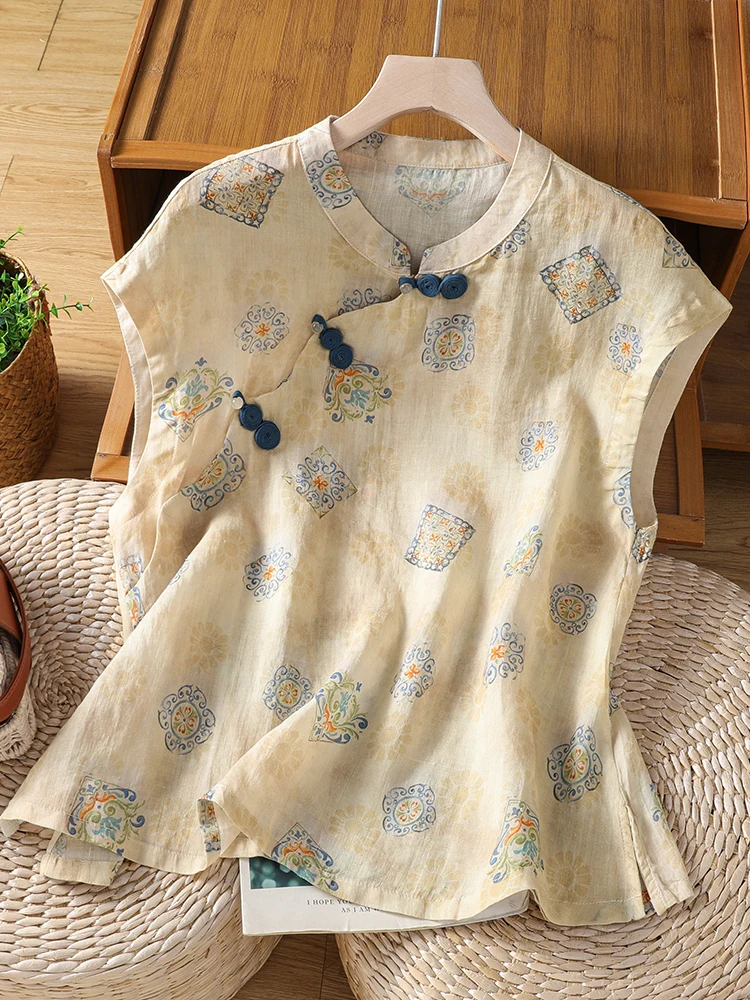 New Chinese Style Women's Shirt Summer Large Size Artistic Print Button Front Trendy Top Korean Japanese Style Loose Fit Shor...