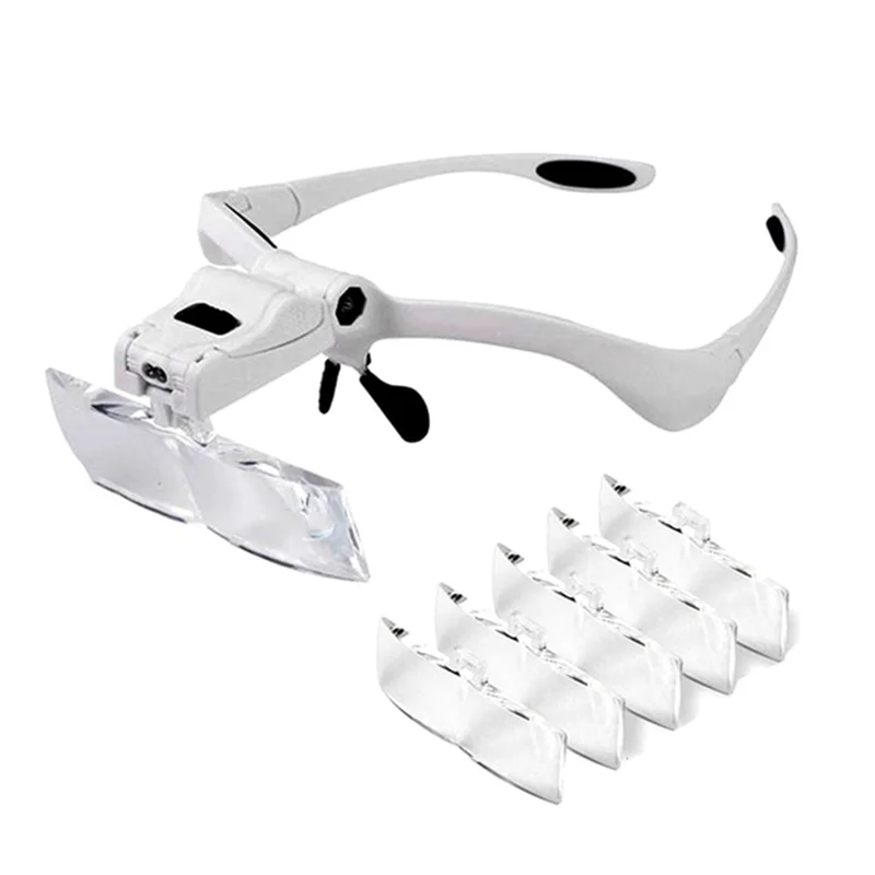 AB42-LED Illuminated Headband Glasses Magnifier Glass 5-Interchangeable Lens 1.0X/1.5X/2.0X/2.5X/3.5X For Tool Repair Reading
