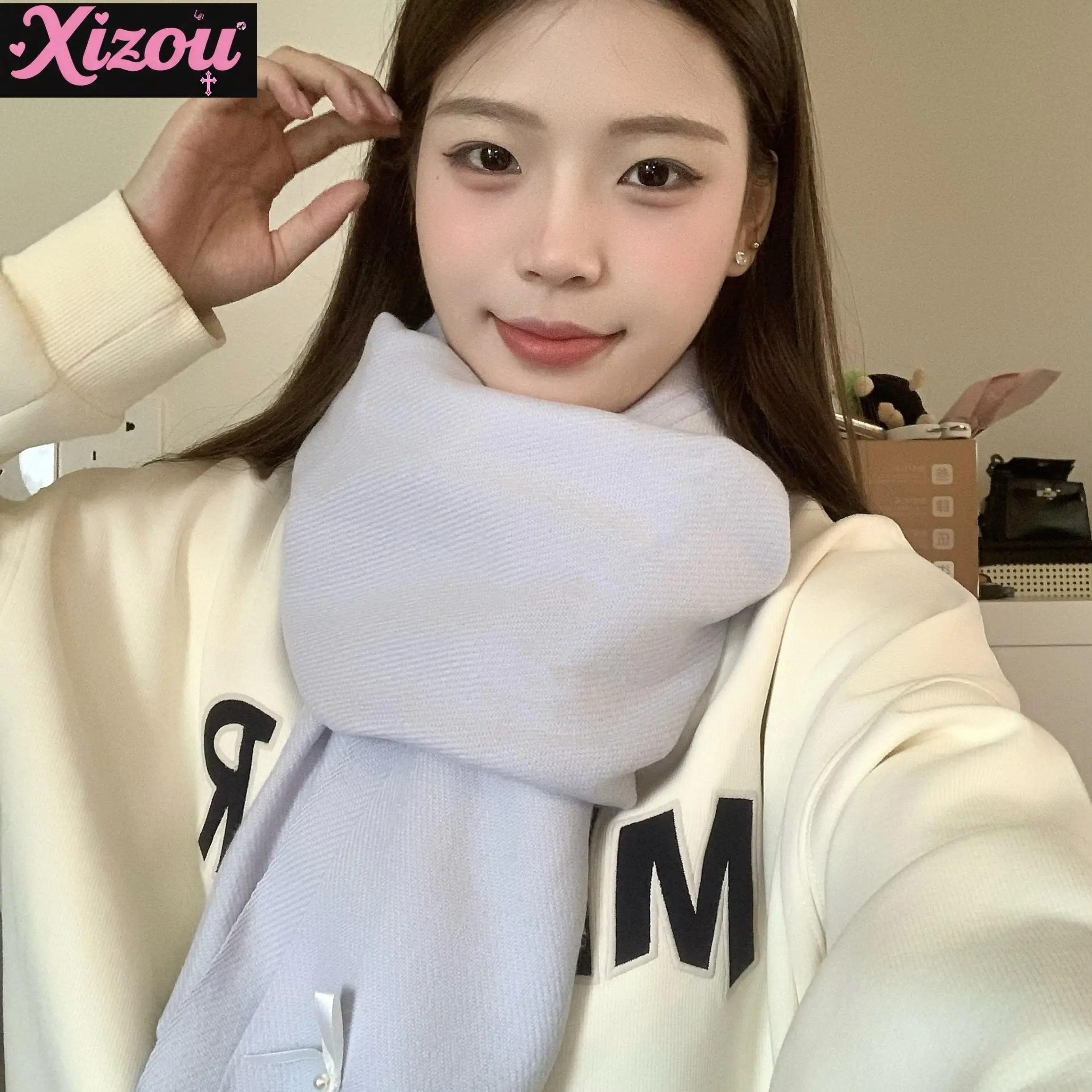 Japanese Sweet Scarf Imitation Cashmere Solid Color Baby Blue Bow Bridesmaid Shawl Winter Warm Scarf  for Women