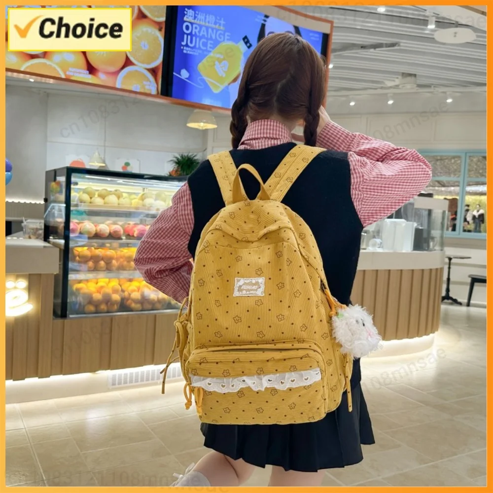 Polka Dot Print Cute Preppy Bag with Plush Pendant Laptop Daypack Lace Trim Cottagecore for Travel Commute Women Women