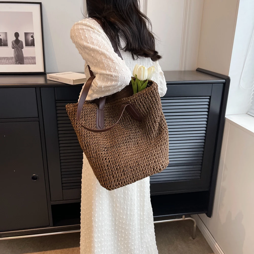 

Women Summer Beach Handbag Bohemian Woven Armpit Bag Large Knitted Bag Solid Straw Luxury Imitation Bags Brands Crochet Tote Bag