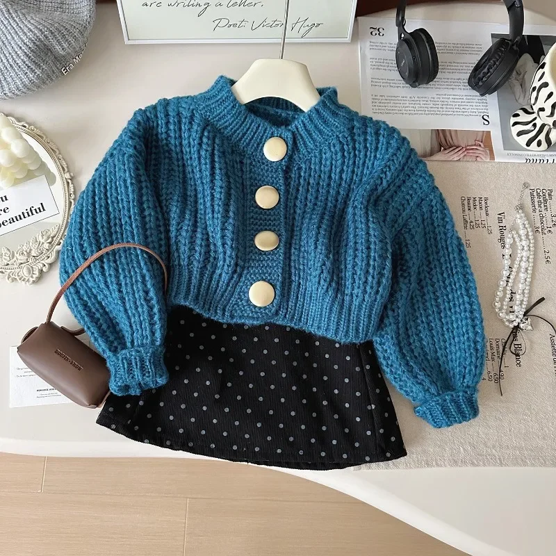 

Комплект одежды для девочек, осенне-зимние свитера, кардиганы + юбка в горошек, модная корейская теплая одежда для маленьких девочек, костюмы 2, 3, 4, 5, 6, 7, 8 лет