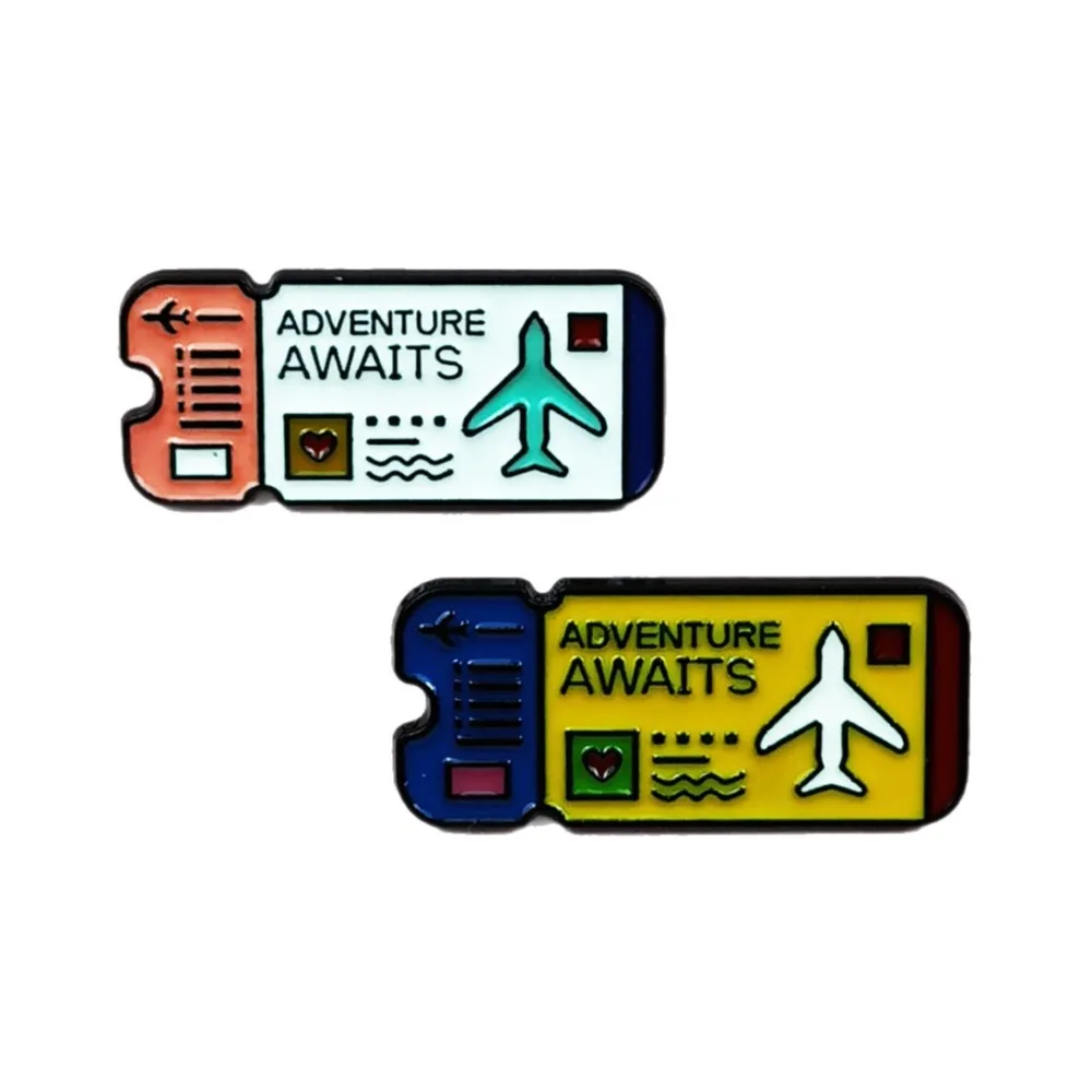 Airplane Ticket Shape Enamel Pins Adventure Awaits Quote Lapel Pin Badge Travel Theme Brooch for Backpack DIY Decorative Gift