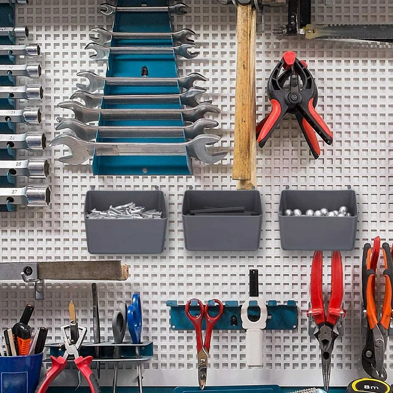 16Pcs Pegboard Bins Kit Pegboard Parts Storage Pegboard Accessories Workbench Bins - 8Pcs Grey & 8Pcs Red