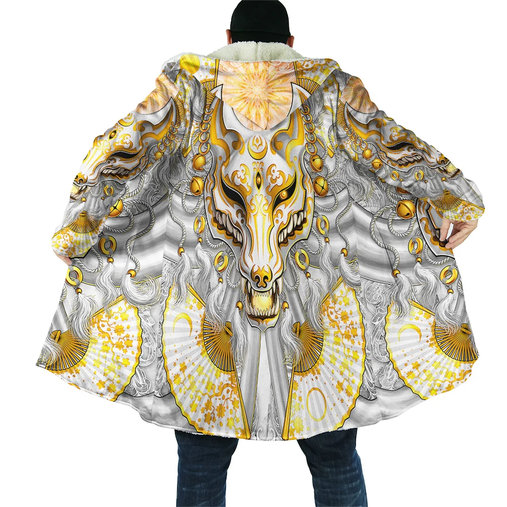 

CLOOCL Winter Mens Cloak Janpanese Japanese Art Painting Fox Ninja Mask Printed Windproof Fleece Cape Hooded Blanket