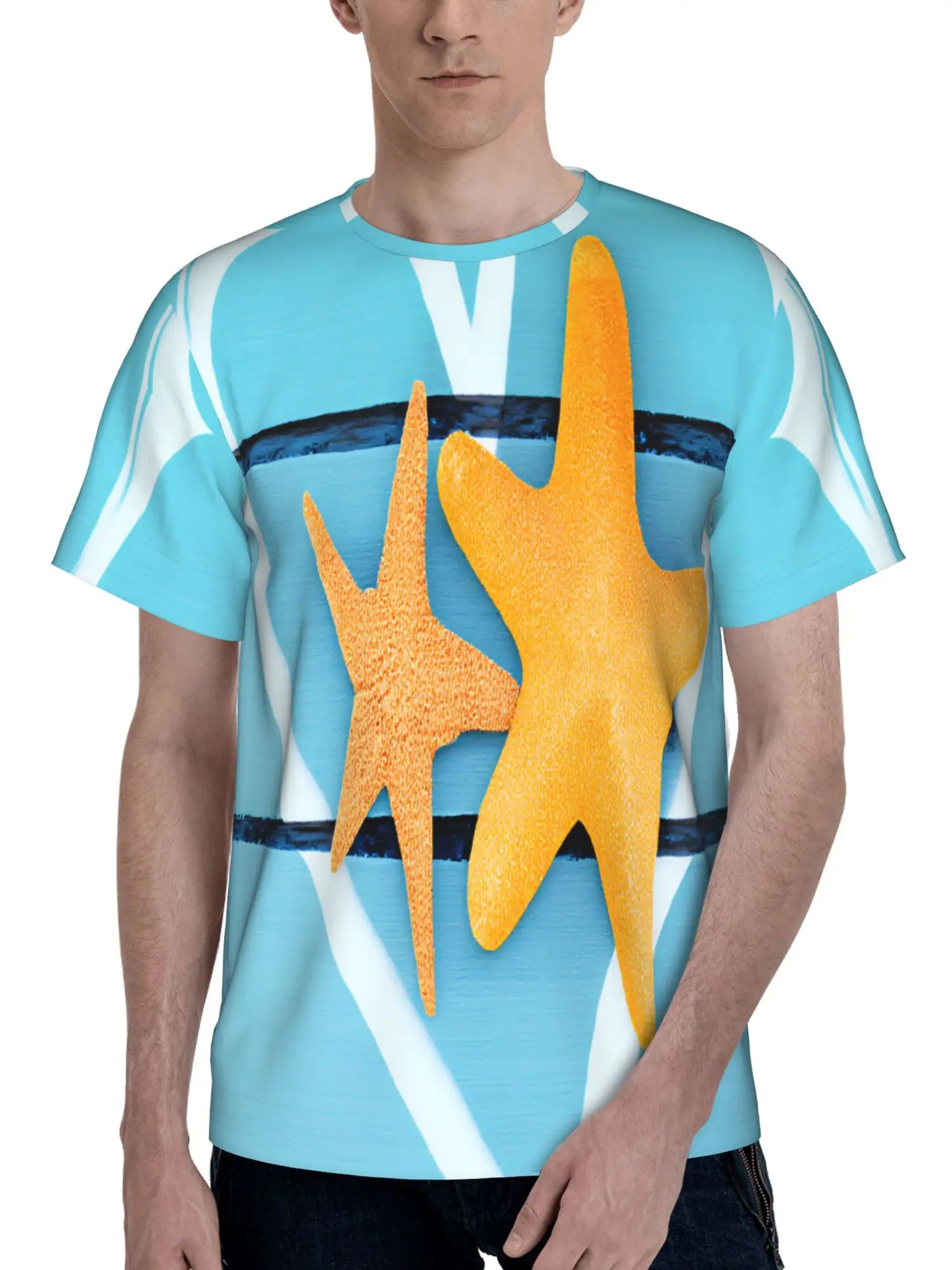 Men Two Orange Starfish White Stripe Light Blue Background Print Short Sleeve Crew Neck Casual T-shirt