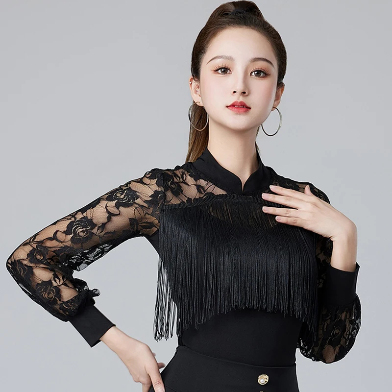 

New Black Ballroom Dance Tops Sexy Lace Sleeves Latin Dancing Top Training Shirt Women'S Rumba Tango Latin Dance Wear DW10836