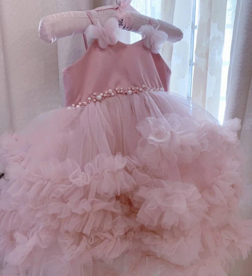 

New Tailored Baby Girls Dresses Pearls Waist Layers Tulle Lace Up Puff Wedding Flower Girl Dress Kid Tutu Outfit