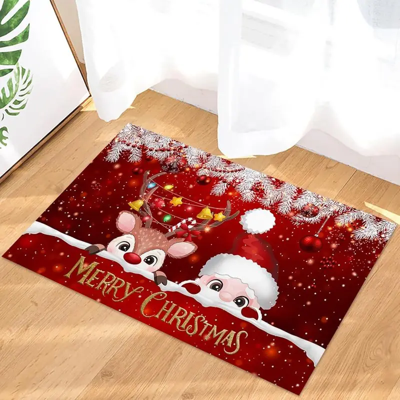 VIKAMA Christmas Entrance Door Mat Santa Reindeer Snowy Pine Branch Bauble Print Non Slip Mat For Front Door Porch Xmas Decor