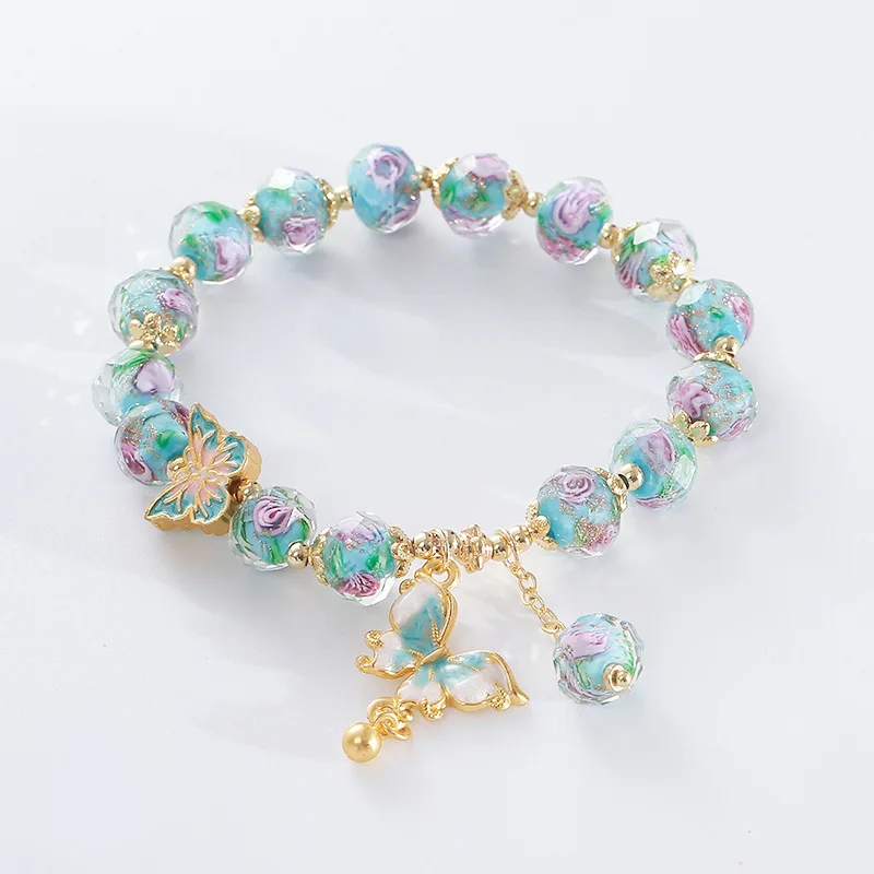Princess Style Rose Garden Blue Glaze Bracelet Women's Niche Light Luxury Butterfly Pendant Bracelet High-grade Style HandString