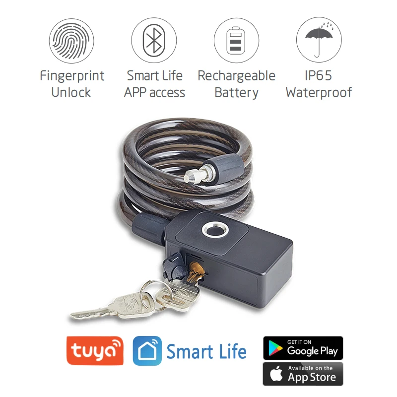 Tuya Smart Fingerprint Lock Bluetooth, impermeável, Anti-Roubo, Bobina de cabo de aço inoxidável, bicicleta, impressão digital, Smart App Bloqueio Remoto