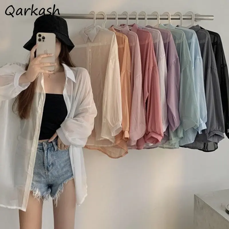 Shirts Women Thin Summer Baggy Sun-proof Chic All-match Various Colors Streetwear Sheer Fashion Tops Simple Clothing Harajuku