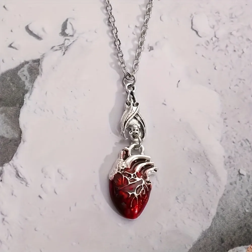 Gothic Silver Color Stainless Steel Vampire Bat Blood Drop Heart Pendant Necklace for Women Halloween Party Scary Jewelry Gifts