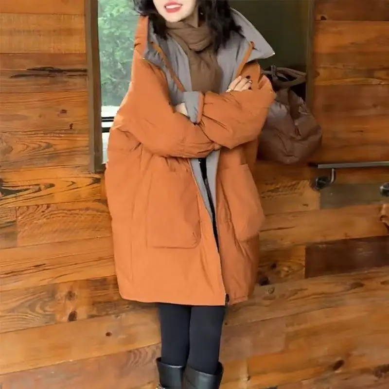 Wearing a Medium to Long Cotton Jacket on Both Sides for Women in the Winter of 2025, the New Fashionable and Warm Casual Hooded