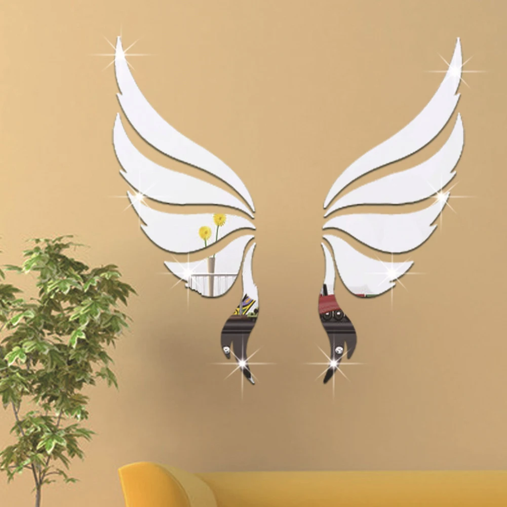 Angel Wings Mirror Stickers DIY Creative Wings Mirror Wall Stickers Self-Adhesive Wings Wall Art Decals for Home Decoration
