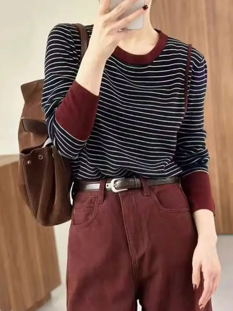 تي شيرت Ele Commute كاجوال طويل Sve مخطط برأس علوي irt كوري Sle فضفاض مناسب للخريف من الصوف الأصلي #2