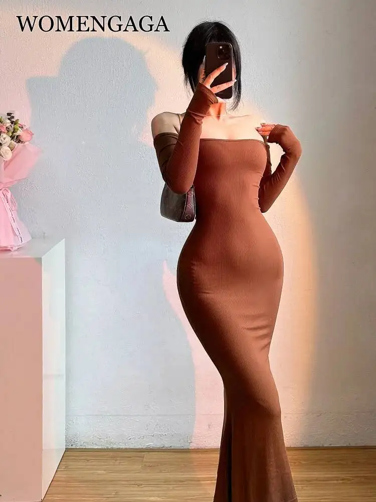 

WOMENGAGA Fashion Spring 2026 Long-sleeve Maxi Dress Slim Thin Slim Hip Fishtail Dresses Fashion Korean Women Robe 12RM