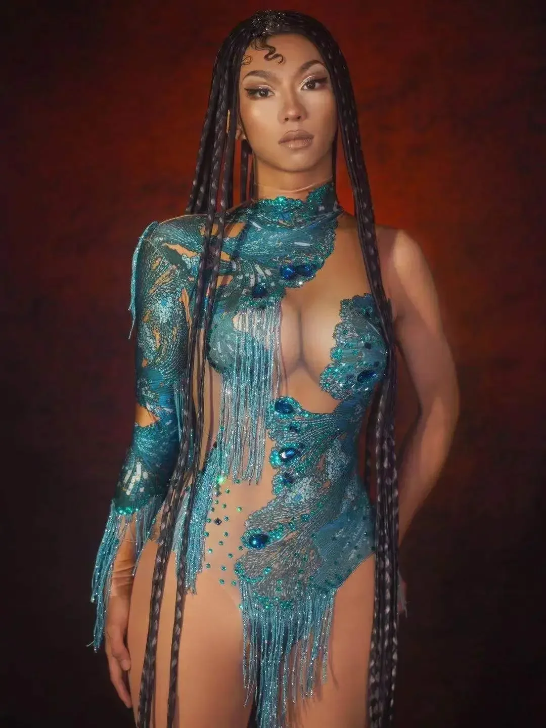 

Women Fringe One Shoulder Rhinestone Stretch Bodysuits Dancer Gogo DJ Stage Wear Performance Blue Drag Queen Costumes Leotard