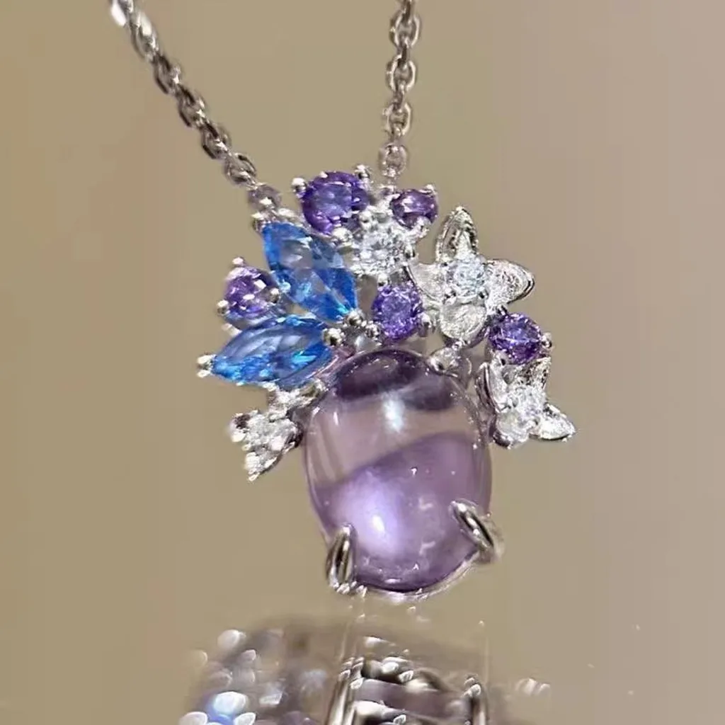 Floral Jewelry Set Delicate Purple Stone Necklace Earrings For Women Elegant Cubic Zirconia Jewelry Set For Wedding Attendance