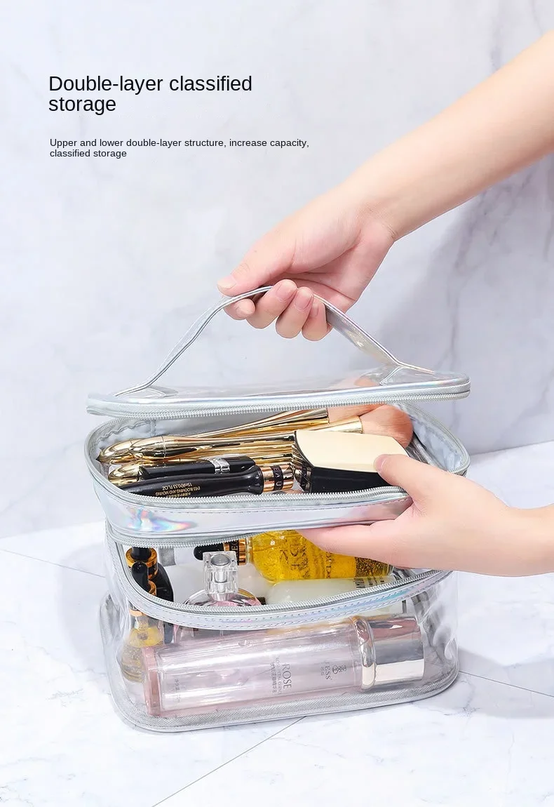 Transparente Kosmetiktasche für Damen, Netzkjolendesign, große Kapazität, Reise-Waschtasche für Mädchen, tragbar, wasserdicht, Aufbewahrungstasche – Detail 5
