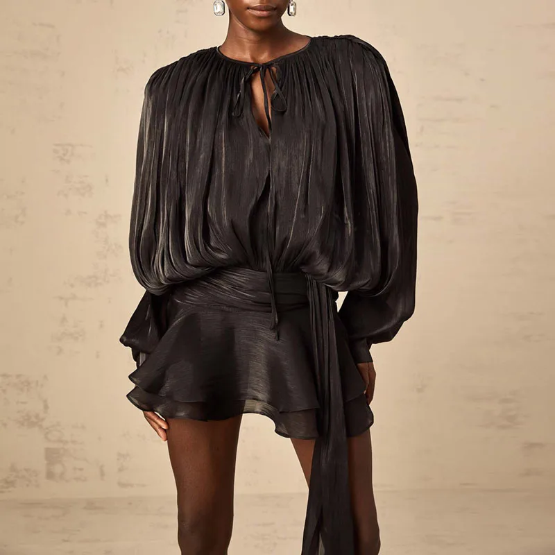 Abiti da donna alla moda 2025 Primavera O Collo con lacci Abiti da festa eleganti in raso Francese Autunno Manica a sbuffo Increspature Mini abito a pieghe