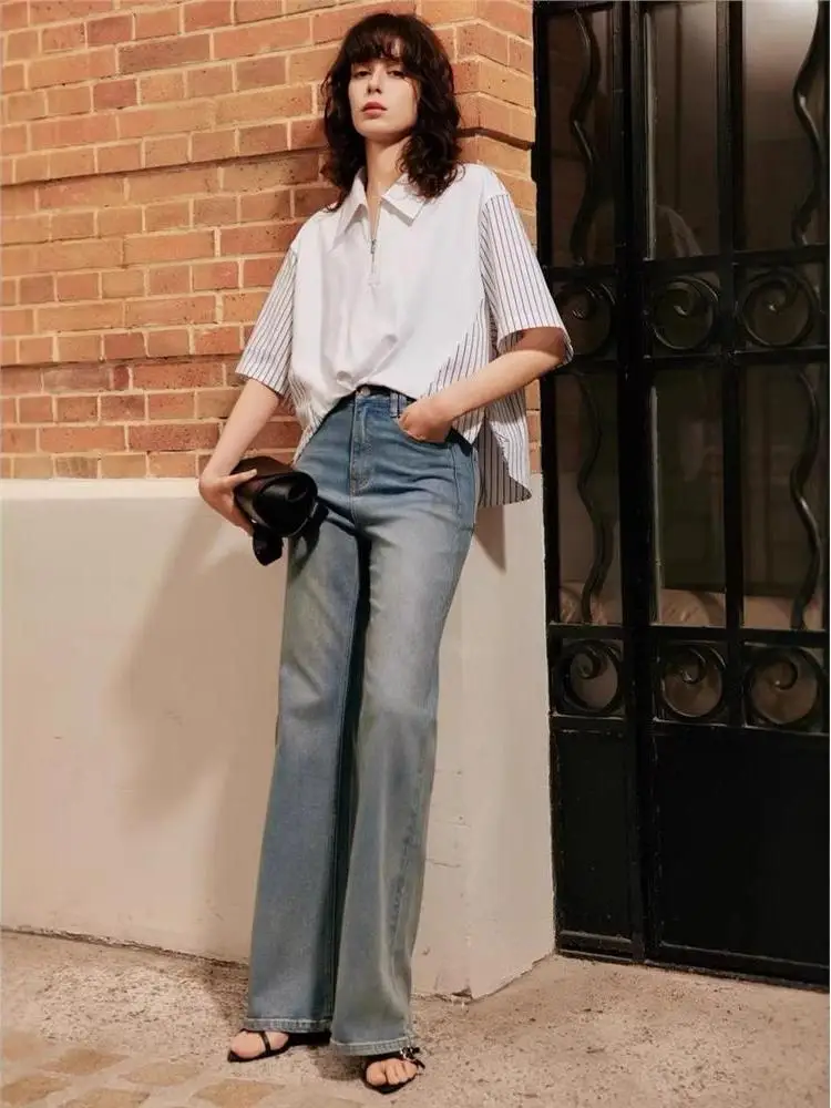 Summer Women's Loose Striped  Shirt 26 Lines Belly Covering Irregular French Style Polyester Fiber Five Sleeve Length