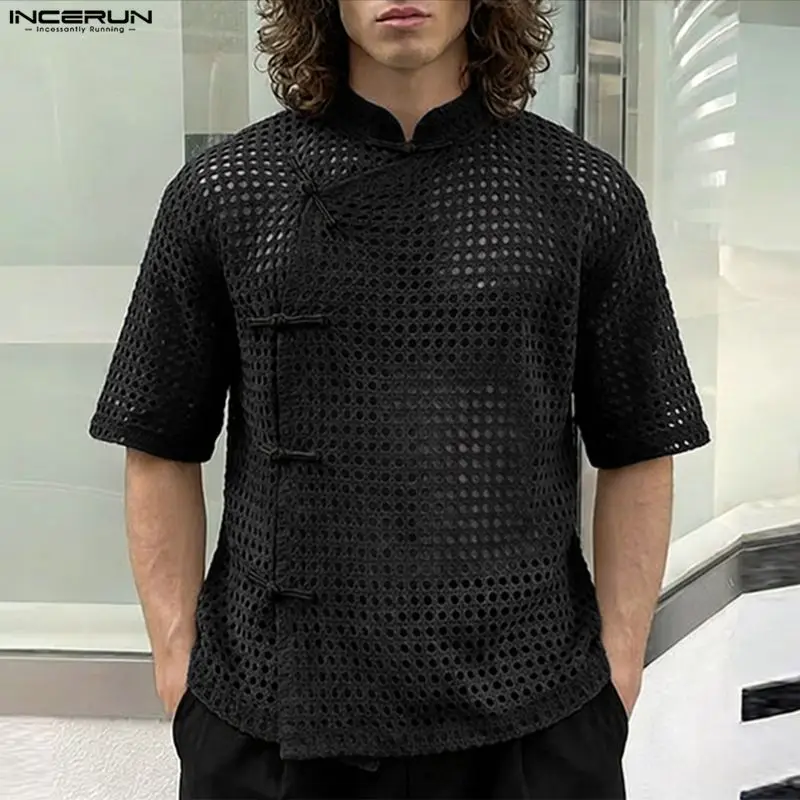 INCERUN Men's Shirt Hollow Out See Through Stand Collar Hlaf Sleeve Men Clothes Streetwear 2026 Button Vintage Camisa Tops Man