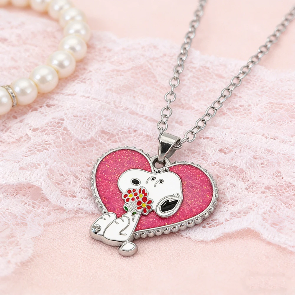 Cute Heart Snoopy Pendant Necklace Diamonds Light Luxury High End Sweater Chain y2k Jewelry Accessories