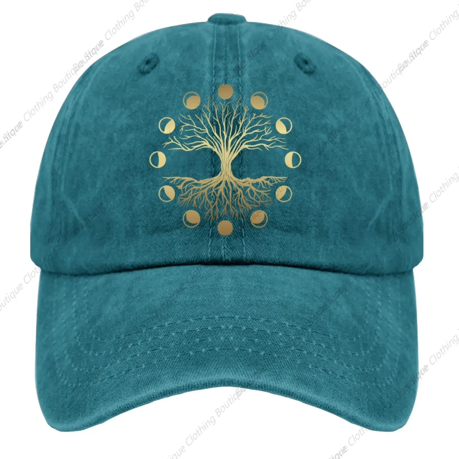 Magical Sacred Tree Life with Moon Phase Ball caps Vintage Cotton Washed Baseball Caps Adjustable Cyan Blue