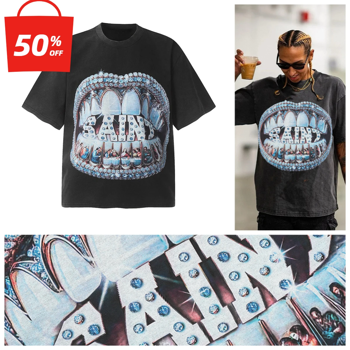 

Washed Old Vtg Short Sleeve T-shirt Saint Michael Lip Diamond Limited Digital Direct Injection Printing Retro