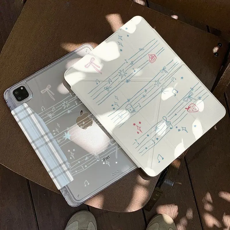 Simple Note Blue Kawaii 3-Y Fold iPad Case For iPad Pro 11 13in 2025 iPad Pro 12.9in Air7 10th 11th M4/5 Buckle Protective Cover