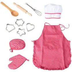 Child Apron Kids Cooking Apron Gloves Hat Set Girls Chef Toy Combo Hat Oven Mitt Cooking Toddler Dress Up Chef Costume Role Play