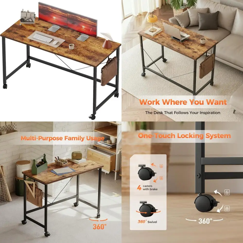 مكتب ألعاب 48 × 24 مع عجلات للمساحات الصغيرة، مكتب كمبيوتر متدحرج حديث وبسيط للمكتب المنزلي والدراسة #1