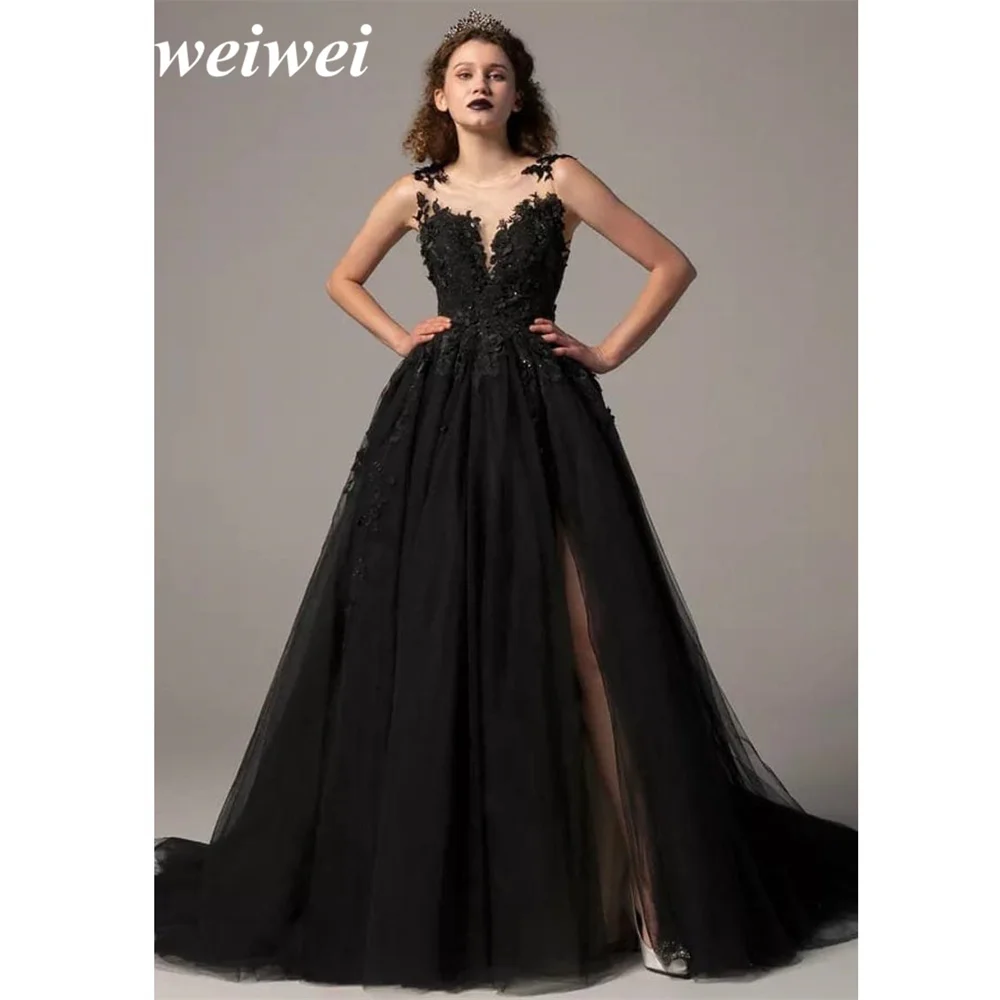 Gothic Black Prom Dresses Sexy Backless High Side Split A-line Evening Dress Lace Formal Party Gowns With Veil Robe De Soirée