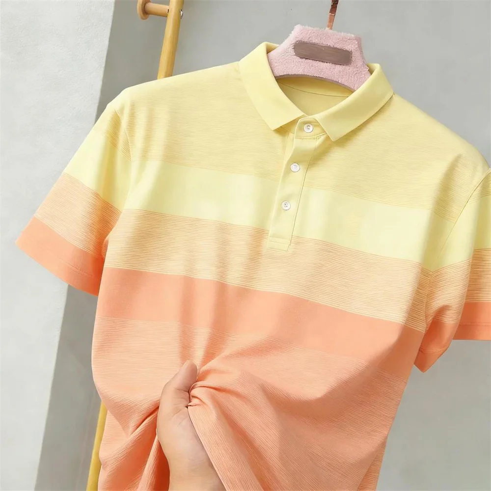 Sporty Color-blocked Striped Polo Shirt Breathable Loose Daily Casual Contrast Color Fashion Sport 3D Print Stripe Golf Polo