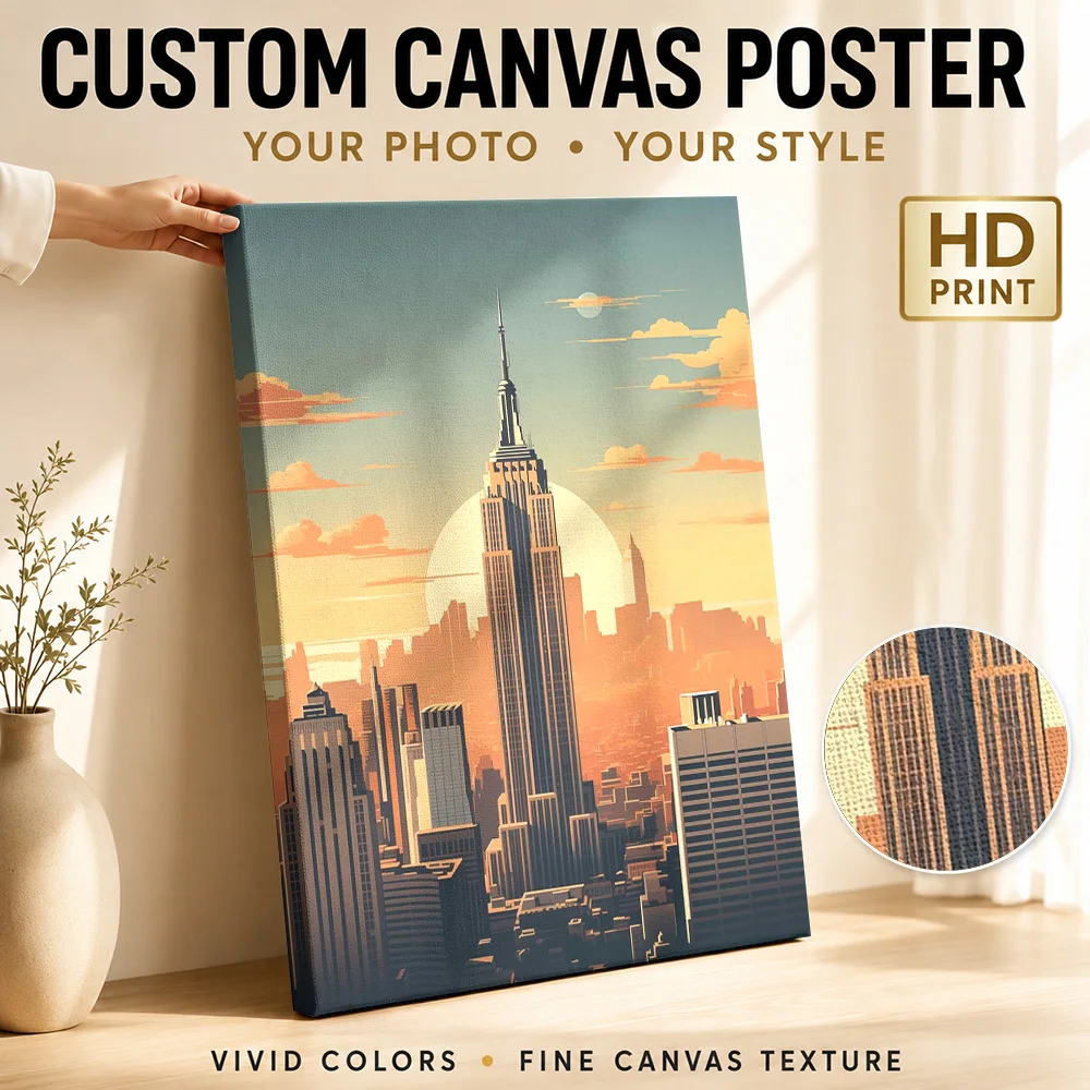Empire State Building Sunset Wood Framed Canvas Poster Customized Photo Warm Architectural Illustration Wall Art For Living Room