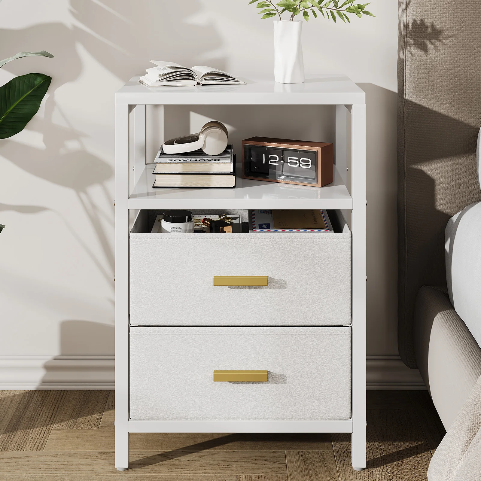 

2pcs Nightstand Polished White Modern Bedroom Furniture Bed Side Table with 2 Fabric Drawers & 2 Tier Shelf for Home Bedroom