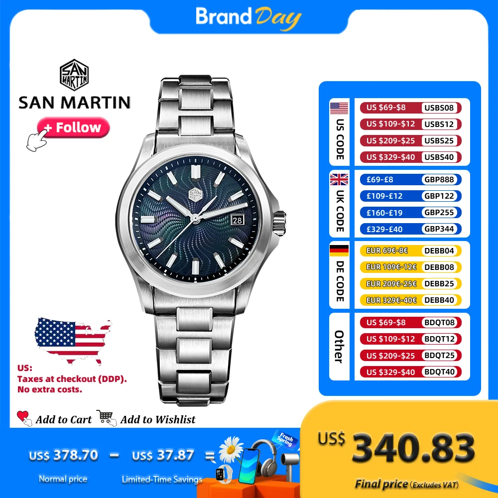 

Часы San Martin 39 мм, роскошные деловые часы Miyota 9015, автоматические механические часы для мужчин с шваброй, гильош, 100 м, водонепроницаемые, SN0150