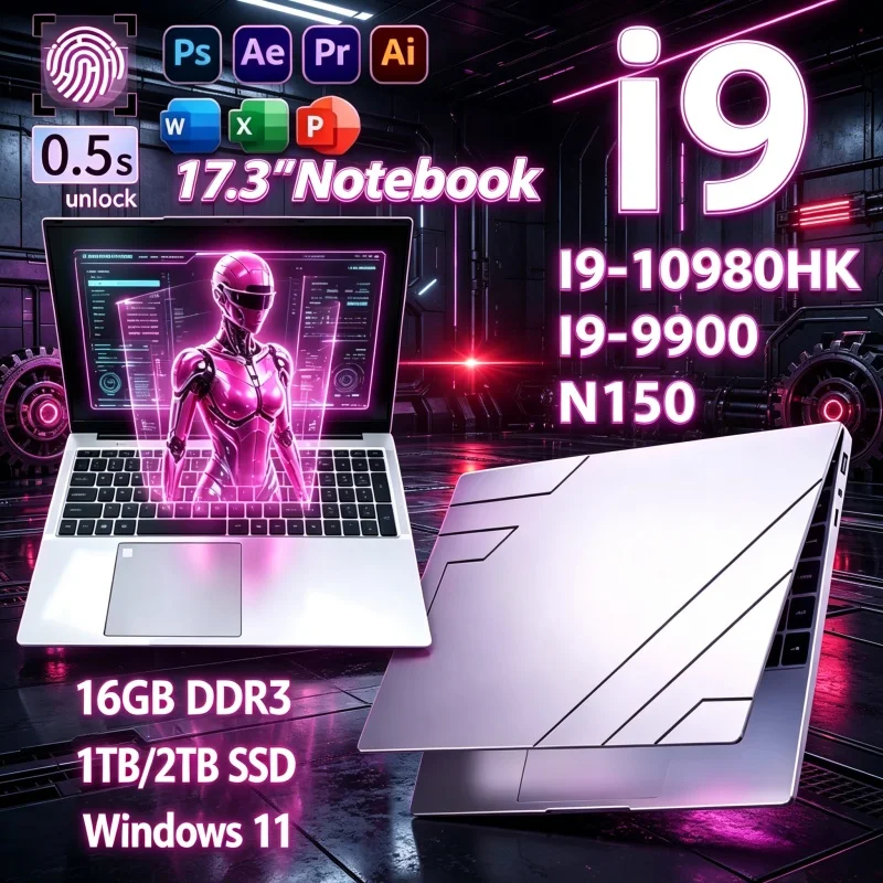 Intel I9‑10980HK I9‑9900 N150 17.3 Inch Laptop Hot 2026 New,16GB 32GB 2TB SSD Win11 1080P Gaming Office Notebook