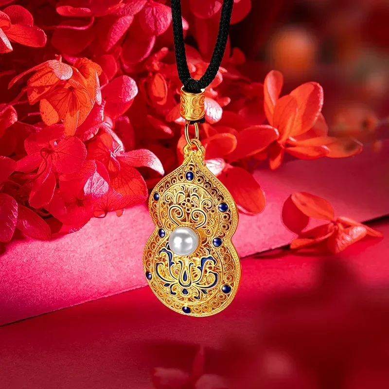 

Neck jewelry high quality pure gold 999 real gold 24K gold ancient silk palace style burnt green gourd pendant AU75050