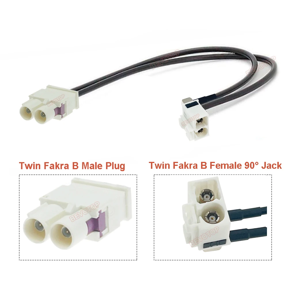 BEVOTOP Dual Twin Fakra B Male Plug to Female Right Angle 90° Jack RG174 RF Coaxial Cable White Fakra II Splitter Antenna Jumper