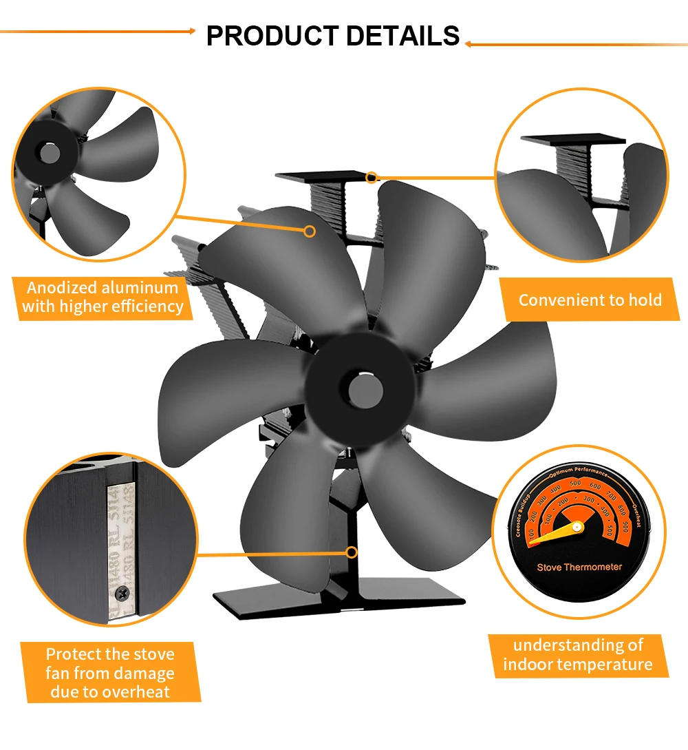 6 Blades Heat Powered Stove Fan Black Fireplace Fan Log Wood Burner Eco Quiet Fireplace Fan Home Efficient Heat Distribution